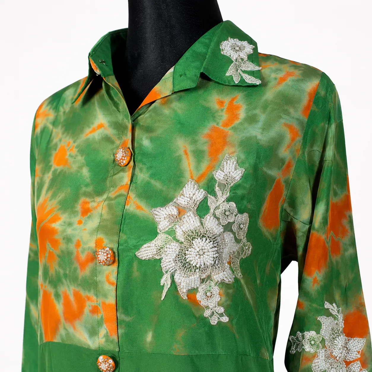 Women's Green Tie-Dye Cord Set with Embroidered Shirt